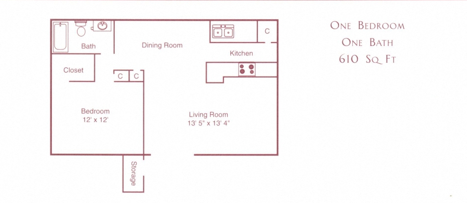 Floor plan for 1 bed, 1 bath, 610 sqft